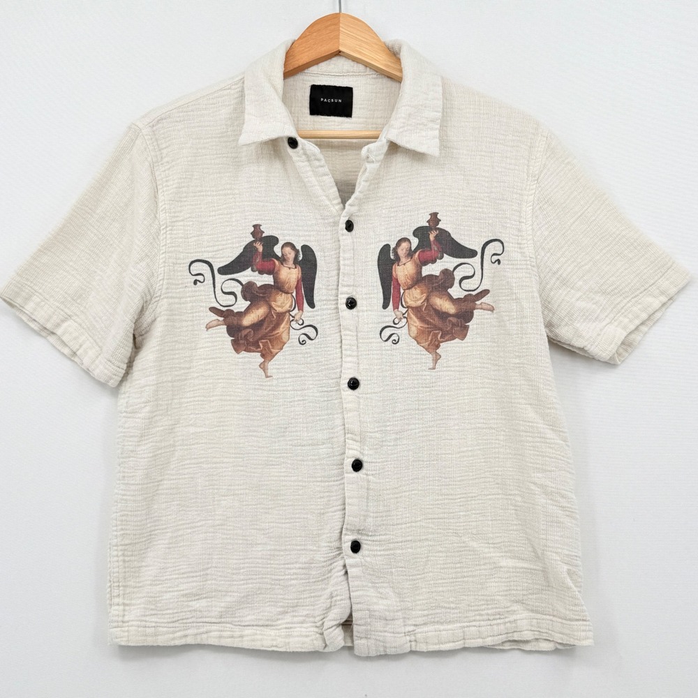 PacSun Button Down Shirt Womens Small Cream Ethereal Art Angel Streetwear Indie